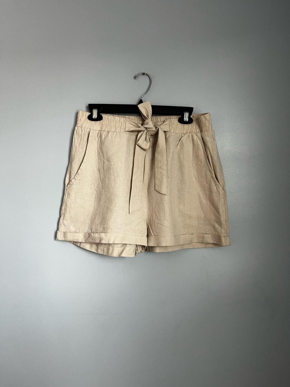 Ambiance App Women's Beige Linen Blend Shorts SZ L High Rise Tie Waist